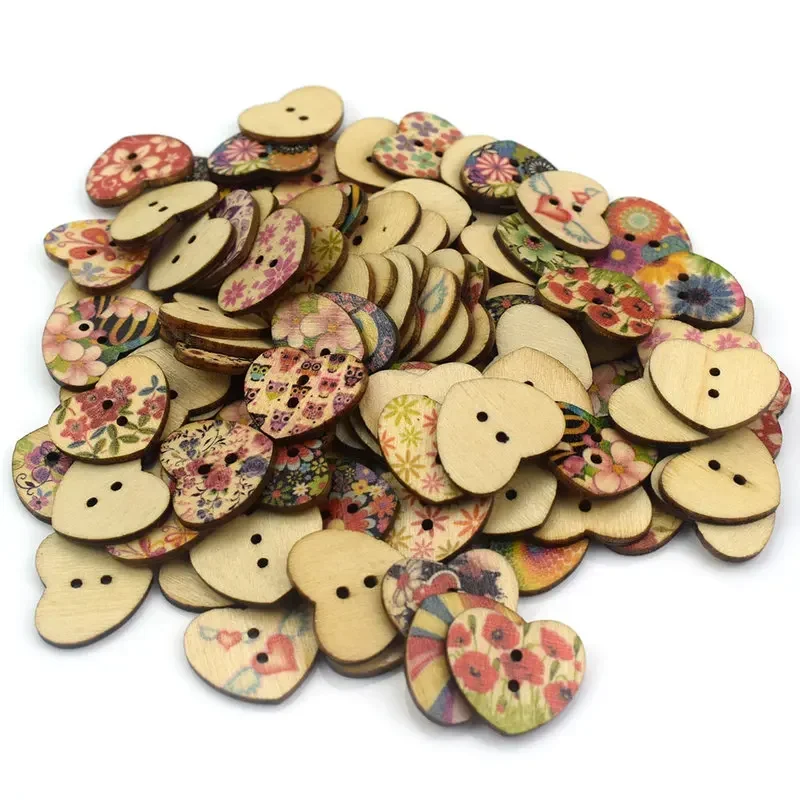 50PCS 25MM Wooden Button Heart Shape 2-Hole Wood Buttons Garment Accessories Sewing DIY for Baby Clothing Button Bag