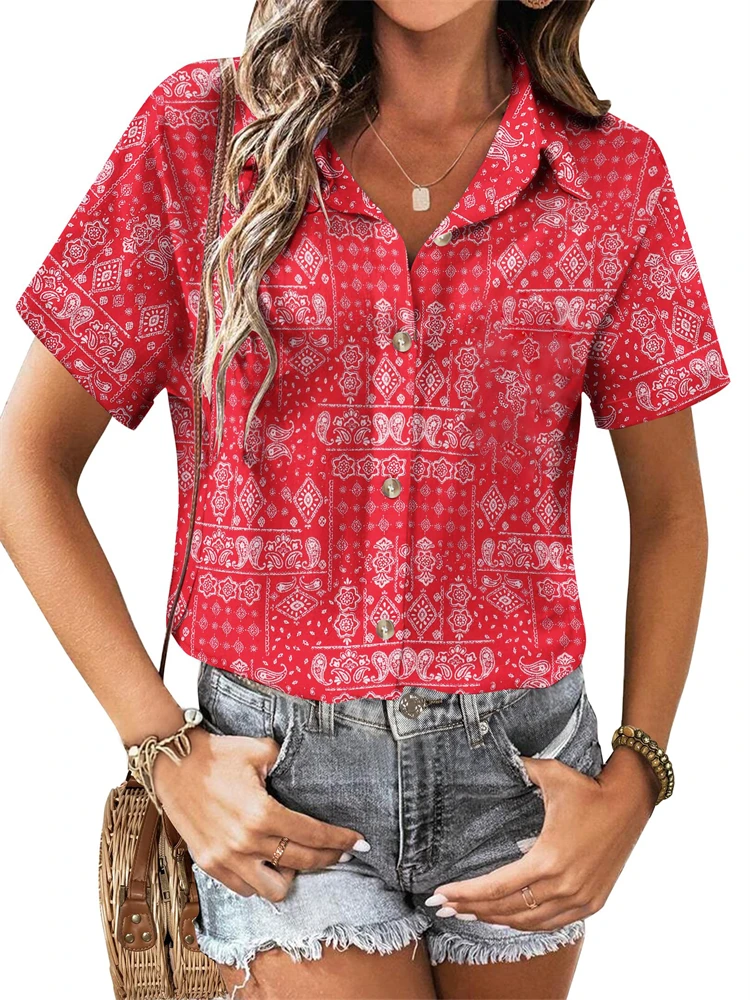 ¡Novedades de verano! Camisa con solapa estampada con flor de anacardo para mujer, camisa de manga corta informal de estilo bohemio para mujer