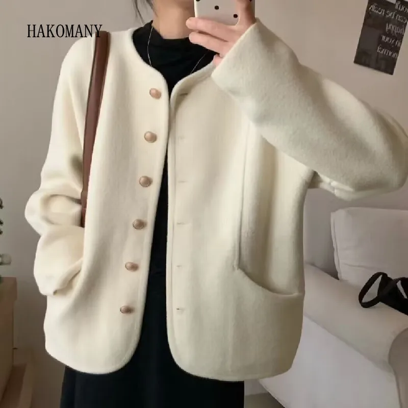 Autumn Winter Korea Woolen Collarless Open Buttons Cardigan Coat Women Full Sleeve Short Loose Jacket White 4 colors