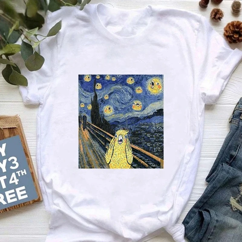 Cool Cockatiel Parrot Art Print T-shirt Girls Starry Sky Funny Meme Tee Shirt Women Summer Fashion Aesthetic Clothes Female Tops