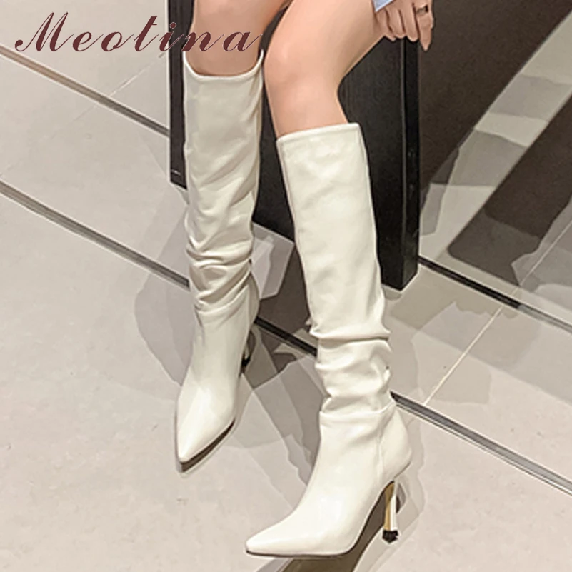 

Meotina Women Genuine Leather Knee High Boots Pointed Toe Thin High Heel Pleated Ladies Fashion Long Boot Autumn Winter Shoes