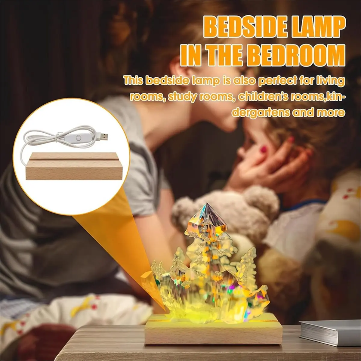2 Pcs LED Display Base, 15cm Wooden Stand with Warm Light, USB Powered for Crystal Glass Resin Art Plate Holder