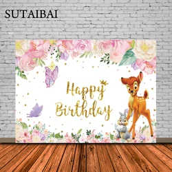 Bambi Backdrop Girls Deer Princess Boy First Happy Birthday Party Flower Butterfly Photograph Background Photo Banner Decoration