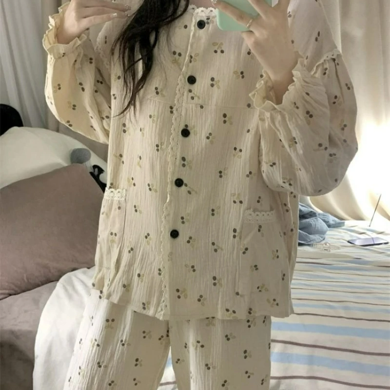 Pajamas Women Spring Autumn Korean Version Ins Sweet Lace Long Sleeves Trousers Internet Celebrity Loose Student Loungewear Suit