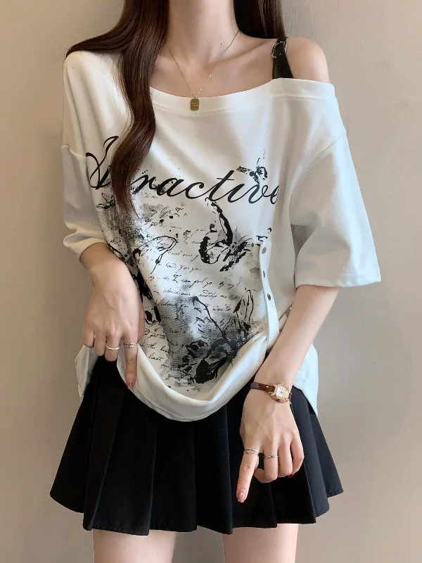

Unique Street Style Shoulder Bared Short Sleeve T Shirt Women's plus Size Loose Belly Covering Asymmetrical Top Korean Versio...