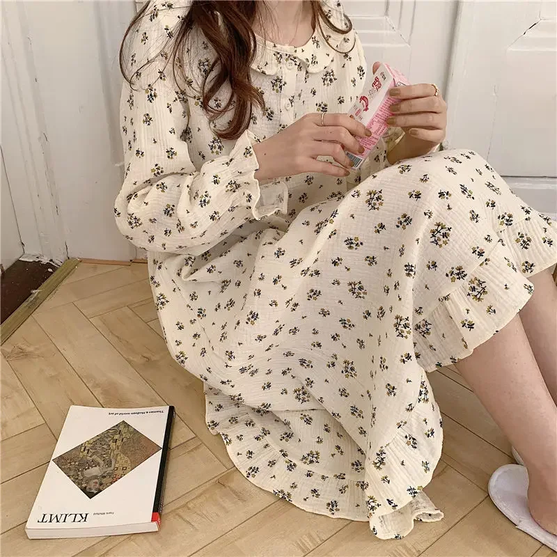 Floral Sleepwear Women Korean Nightgown Button Nightwear One Piece Pajamas Ruffles Autumn Sleepingpeter Pan Collar Night Dress