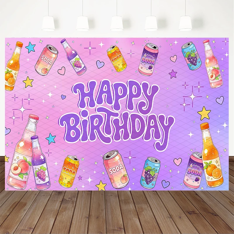 Mocsicka Purple Pink Soda Pop Happy Birthday Backdrop Cartoon Fruit Drink Photography Background Party Decors Photo Booth Banner