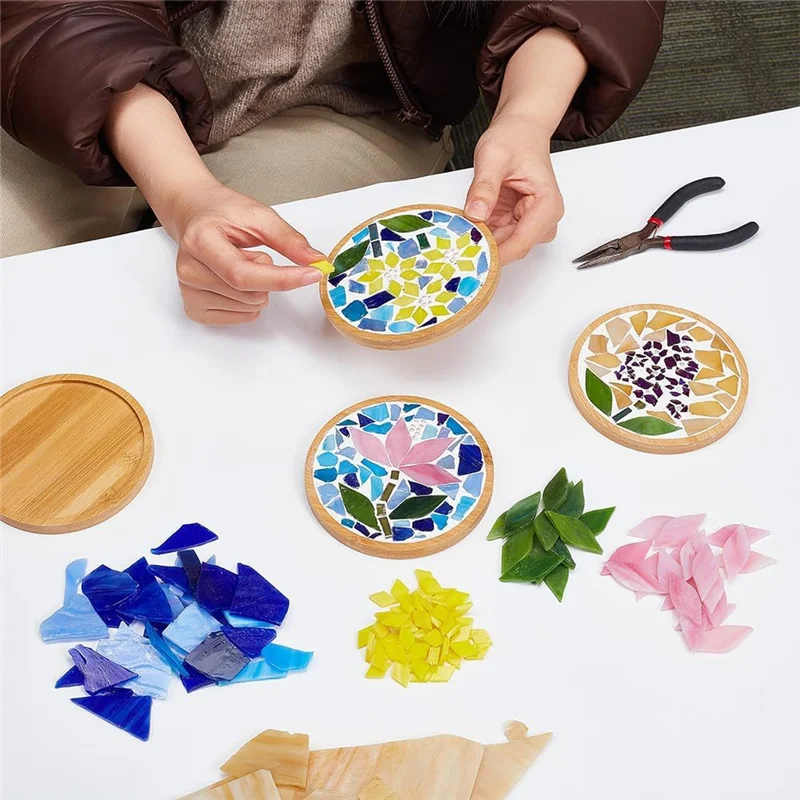DIY Mosaic Craft Set 3 Sets Floral Bamboo Coasters Set With Round Coaster Base Handmade Coasters Home Furnishing