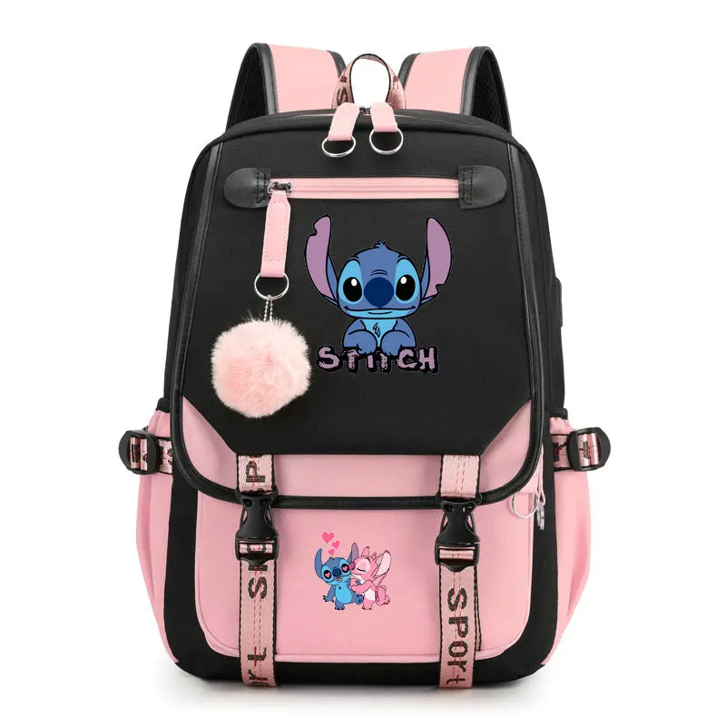 Mochila De Stitch para mujer y niña, morral escolar ligero con diseño de dibujos animados, Patchwork USB, ideal para viaje