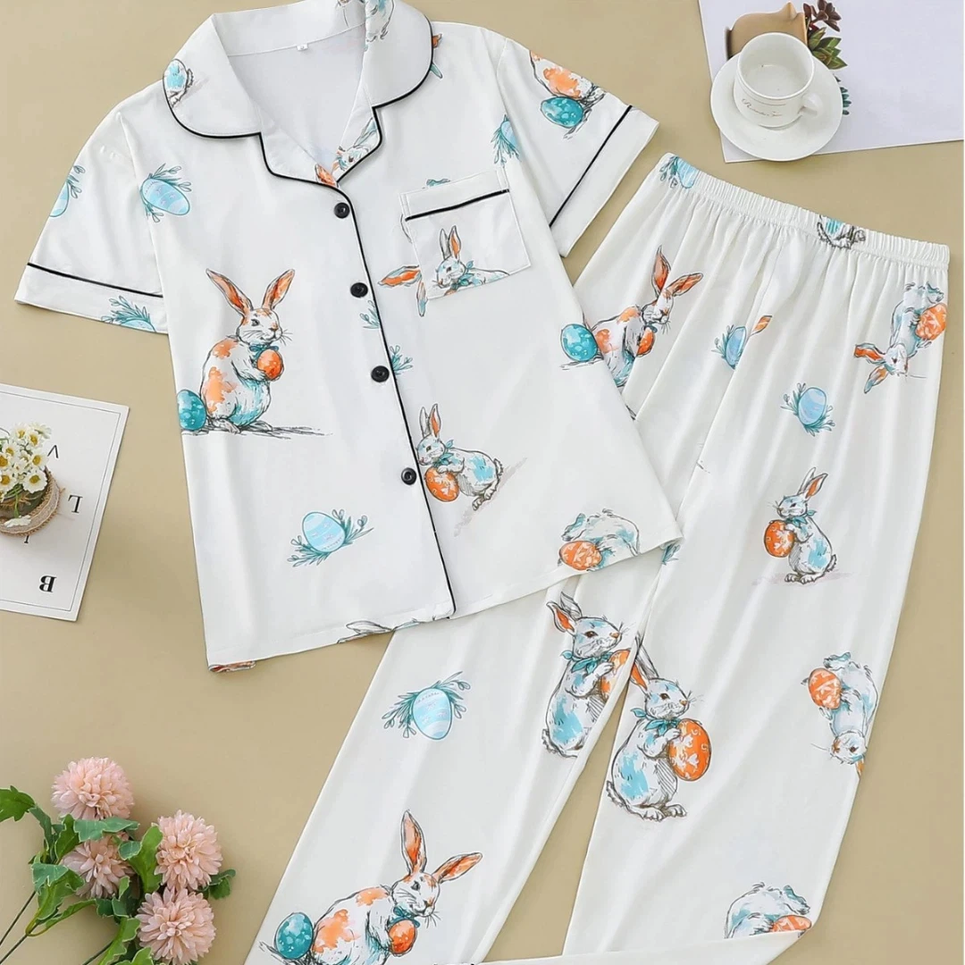 

Rabbit and Carrot Print Pajamas Lapel Short Sleeve Long Pants Loungewear Home Wear Set Sleepwear Clothes for Christmas Gift for