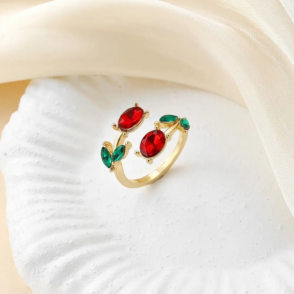 Elegant Adjustable Rhinestones Open Ring Sparkling Multicolor Leaf-shaped Ring Ornate Alloy Floral Statement Ring Daily Wear