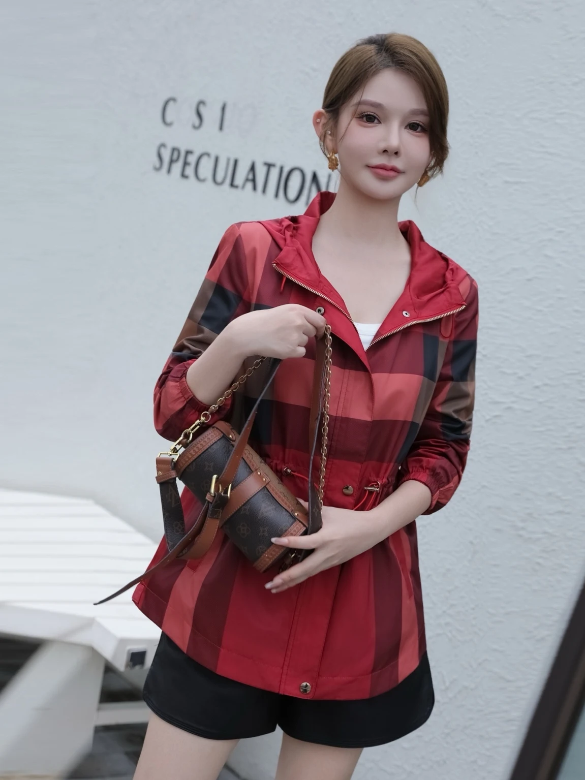 ربيع الخريف سيدة مخطط معطف مقنع غير رسمي متوسط طول Faionable Briti Sle ألياف البوليستر رقيقة طويلة Sve سستة