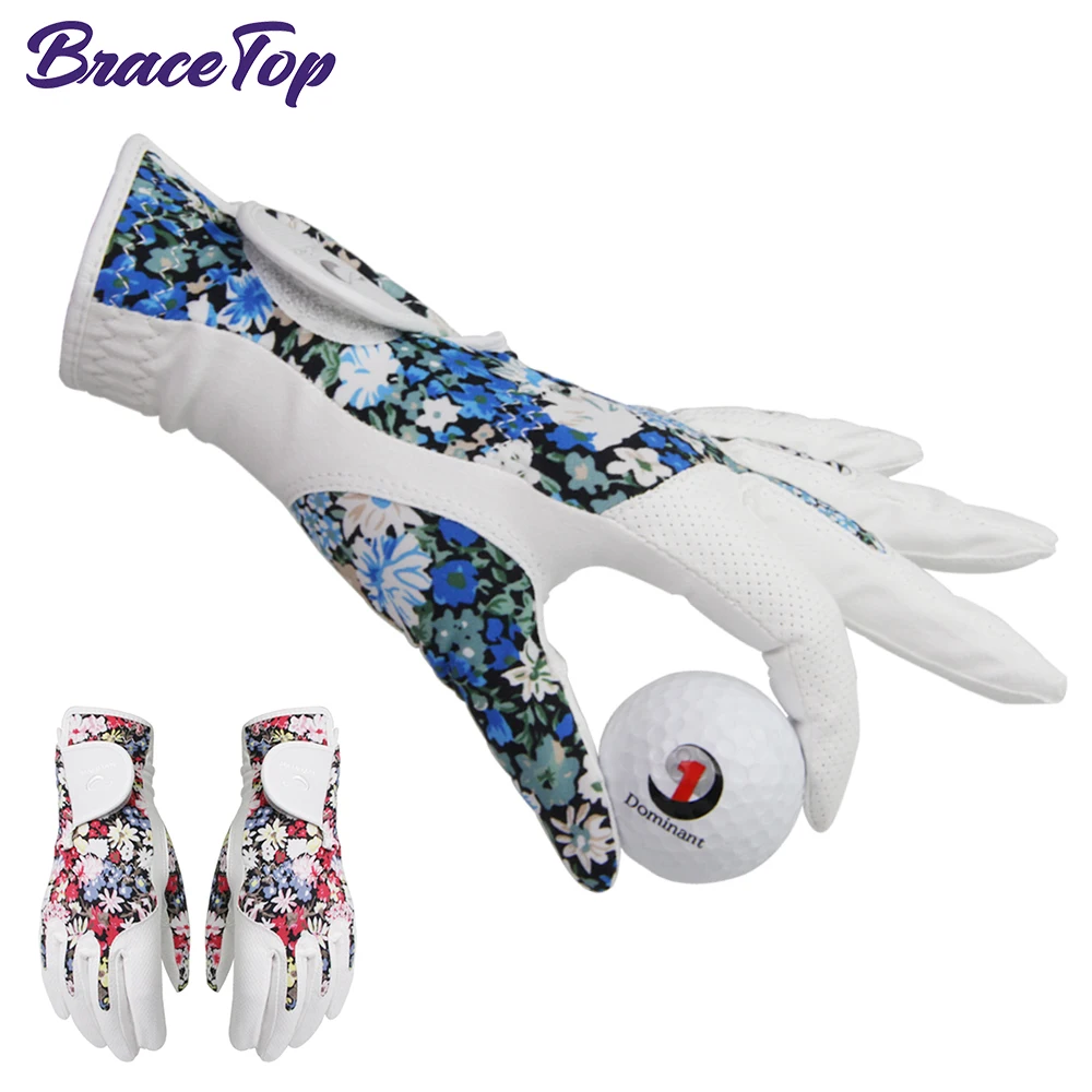 1 Pair Fashion Women's Golf Gloves Korean Version Nano-microfiber Cloth Comfortable Elastic Lycra Printed Fabric Sports Gloves