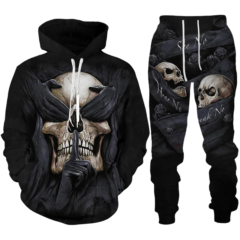 Conjunto de chándal con estampado 3D de calavera para hombre, Sudadera con capucha Punk gótica/traje, ropa de calle de Halloween