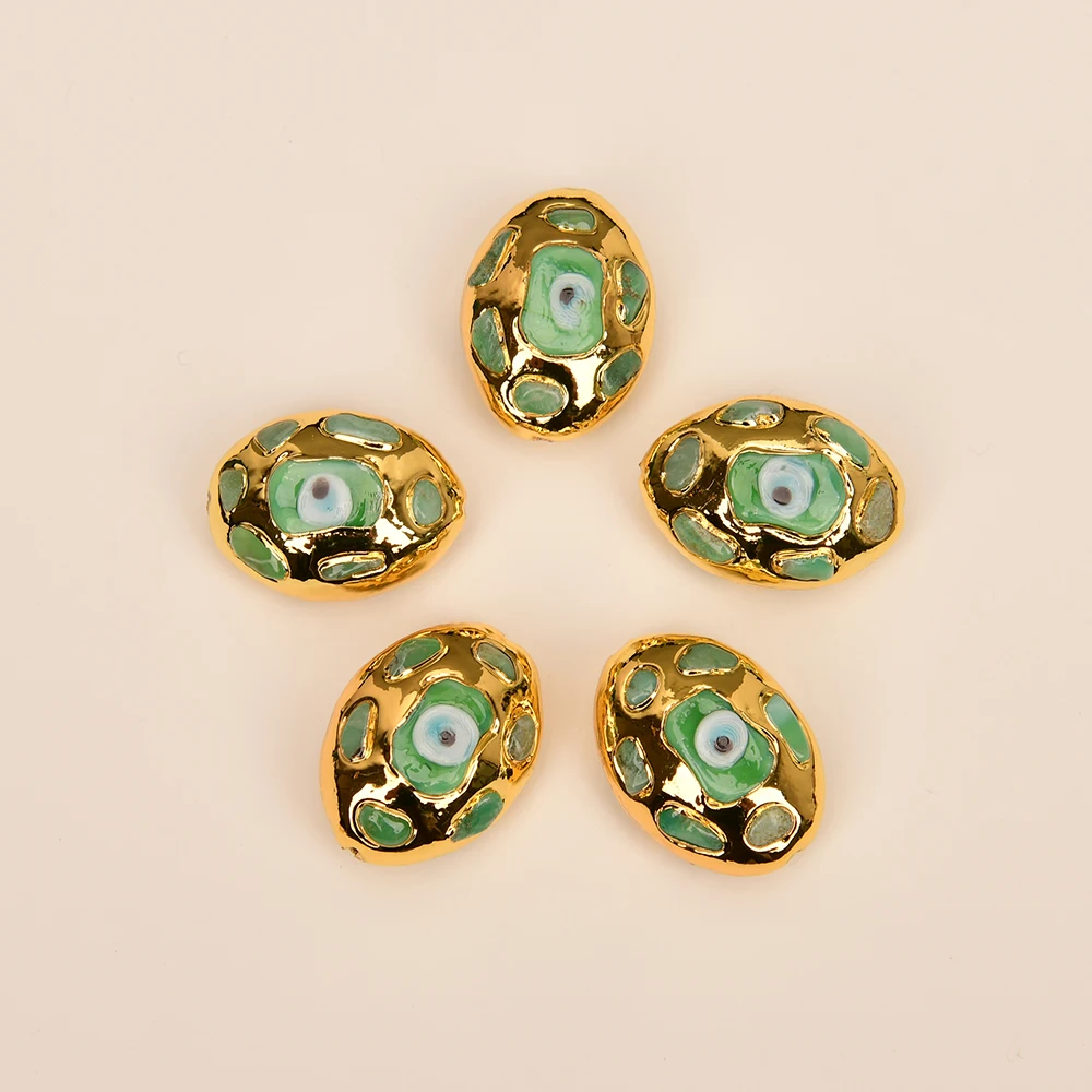 APDGG Wholesale 5 Pcs Natural Chrysoprase Oval Egg Shape Eye Beads Gold Plated For Jewelry Making DIY