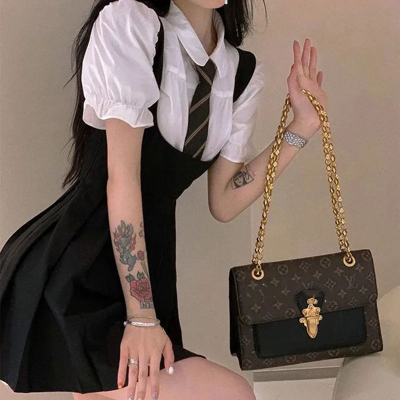 Mulheres Conjuntos de Vestido Estilo Preppy Slim High Street Girl Sweet Ins Puff Manga Camisas Plissadas Vestidos Estudante Harajuku Ulzzang JK Hot