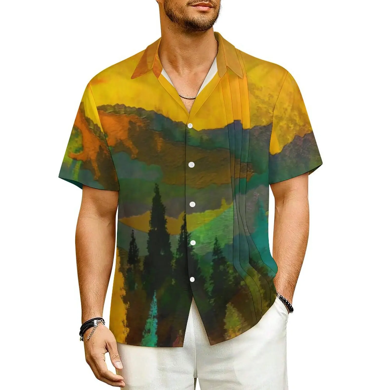 

Trees And Mountains Beach Shirt Men Painting of Abstract Print Retro Y2K Casual Shirts Hawaii Short-Sleeve Street Style Blouses