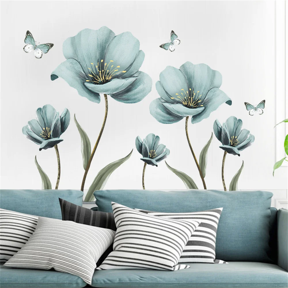 Blue Flower Wall Stickers Removable Decal Stick DIY Art Murals Home Decor for Bedroom Living Room Classroom Office Decaoration