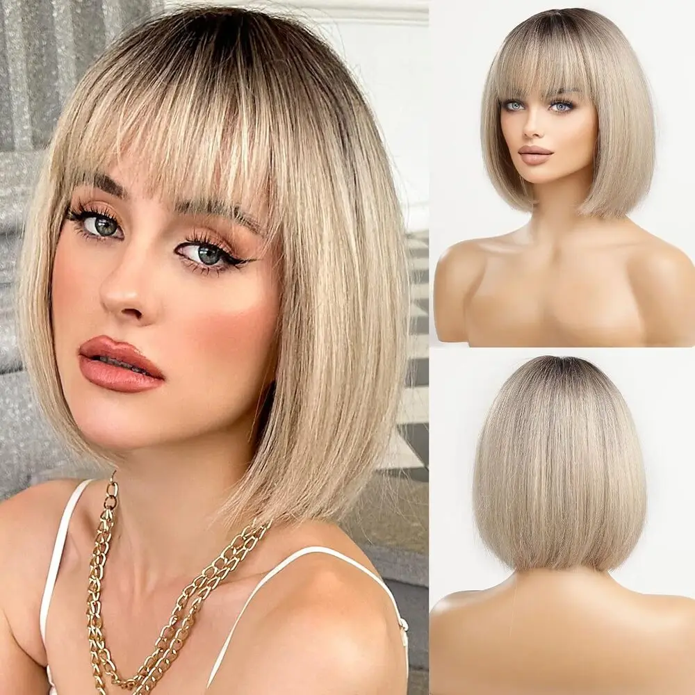 Short Bob Blonde Straight Synthetic Wig Heat Resistant Fashion Natual Looking