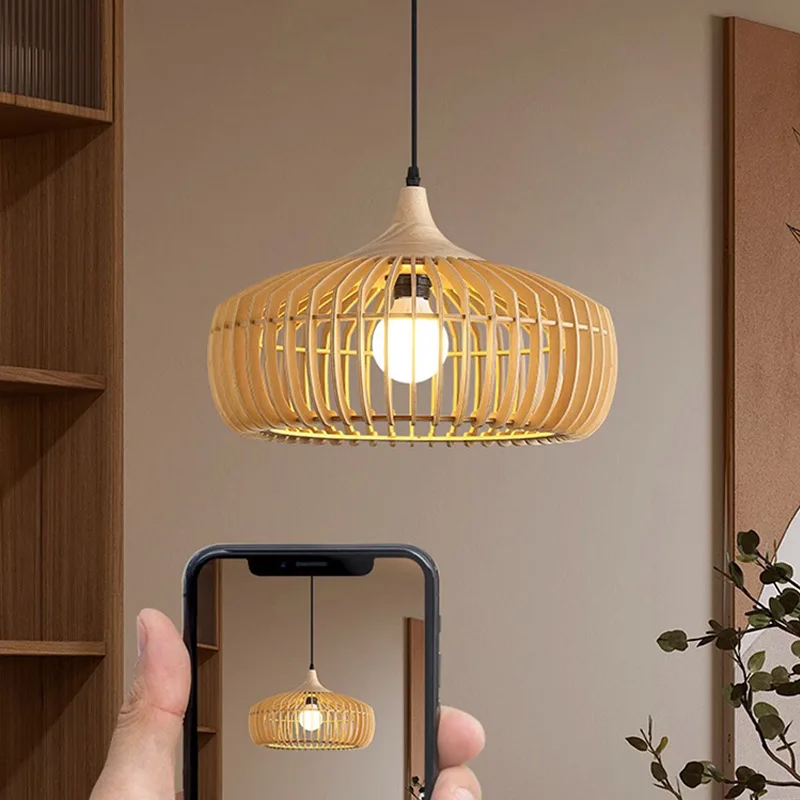 Nordic Natural Wood Style Chandelier Retro Dining Table Bar Pendant Lamp Personalized Creative Walnut Wood Bedroom Bedside Light