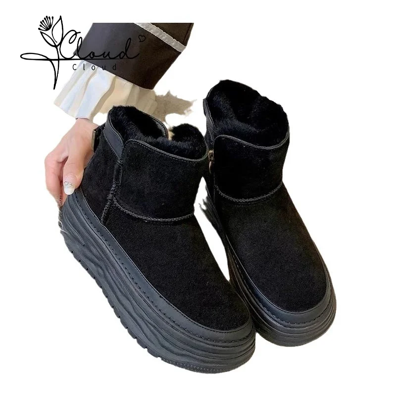 

2024 High Quality 9CM Suede Cow Genuine Leather Platform Wedge Winter Plush Women Snow Boots Hidden Heels Spring Warm Ankle