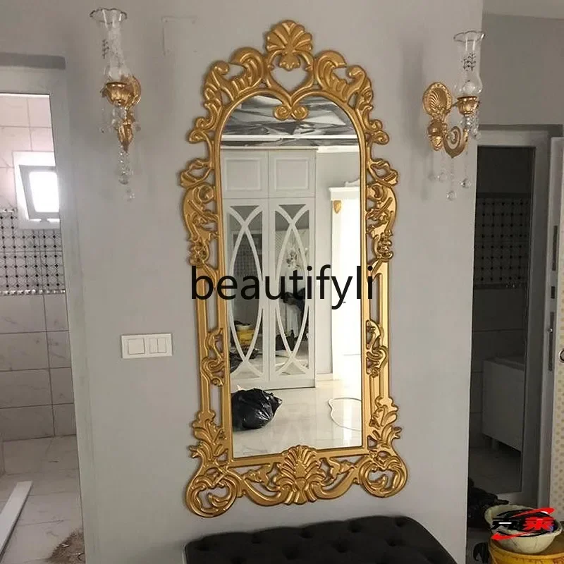 

French retro full-length mirror carved antique cloakroom medieval fitting mirror full-body floor mirrorAsmt52