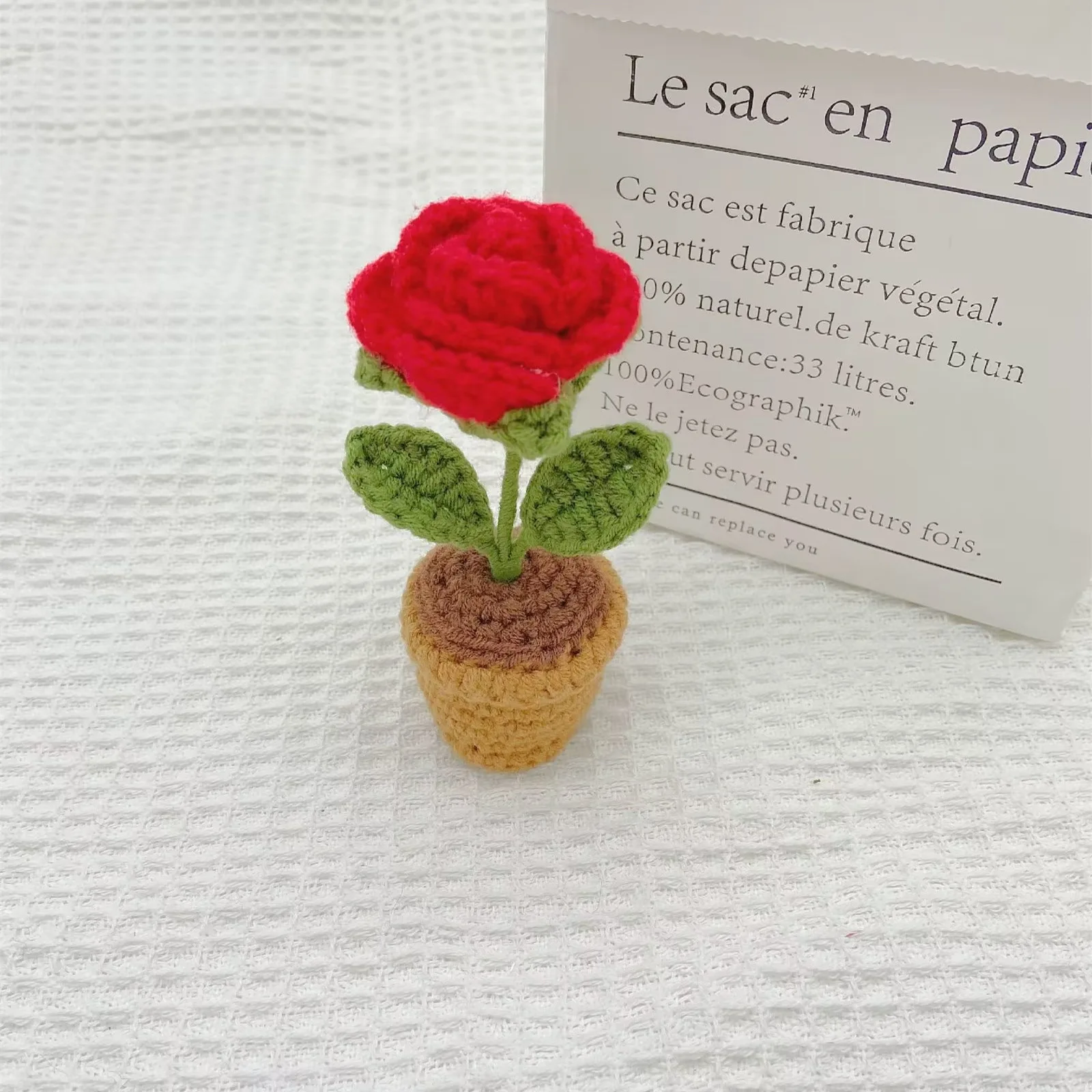 1Pcs Hand Knitting Potted Plants HandWoven Rose Heart Gardenia Safflower Crochet Flower Auto Interior Accessories Car Decoration