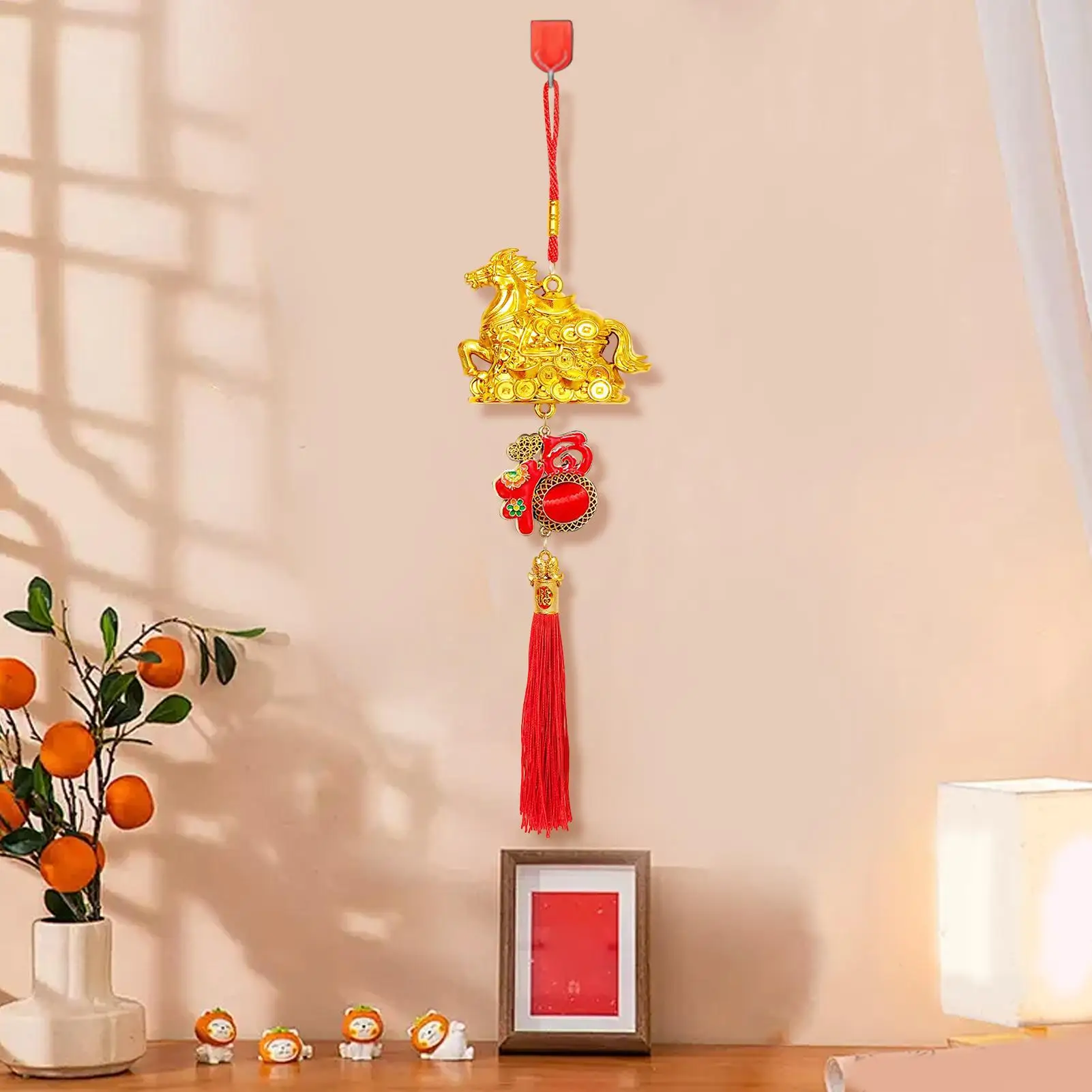 Red Gold Color Spring Festival Pendant with Tassel Plastic Horse Year Pendant Good Luck Traditional Zodiacs Horse Pendant