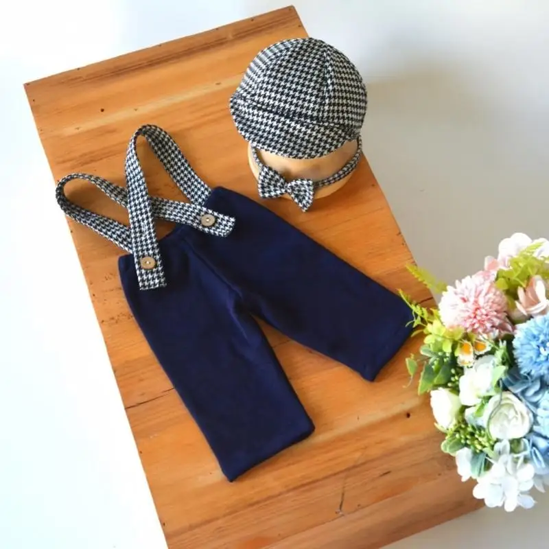 Adorable Infant Photography Prop Cap Suspenders Romper Costume Baby Romper Outfit Comfortable for Newborn Boys P31B