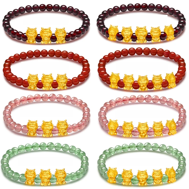 1pcs Pure 24K Yellow Gold Bracelet For Women Men 3D Small Dragon Baby Red Agate Garnet Green Crystal Beaded Link