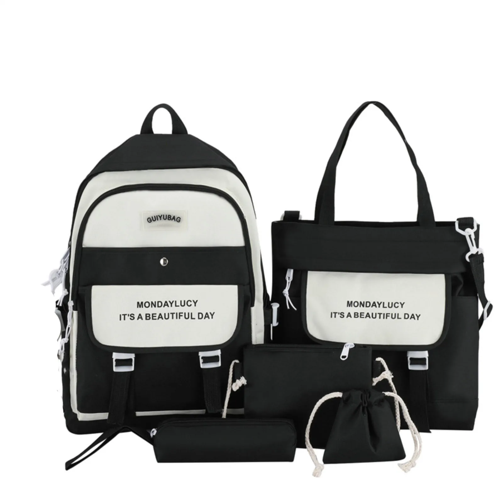 

New Casual Black And White Backpack Campus Elementary School Students Backpack Simple Five-Piece Large Capacity Backpack