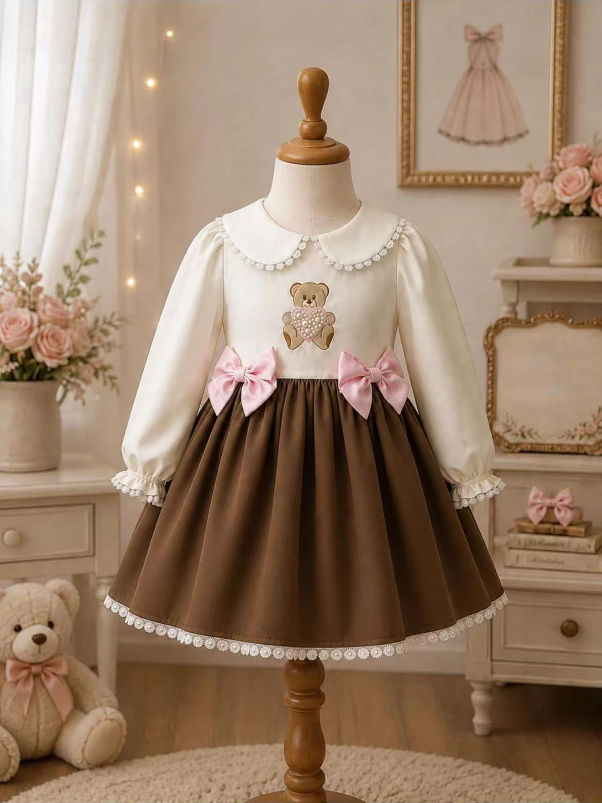 Autumn Baby Girl Sweet Long Sleeve Bear Embroidered Pearl White Brown Puffy Dress For Casual Party Birthday Wedding Photography