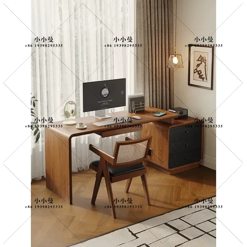 Solid Wood Antique Corner Computer Desk with Keyboard Holder and Storage Cabinet Retractable Rotating Space Saving Design for