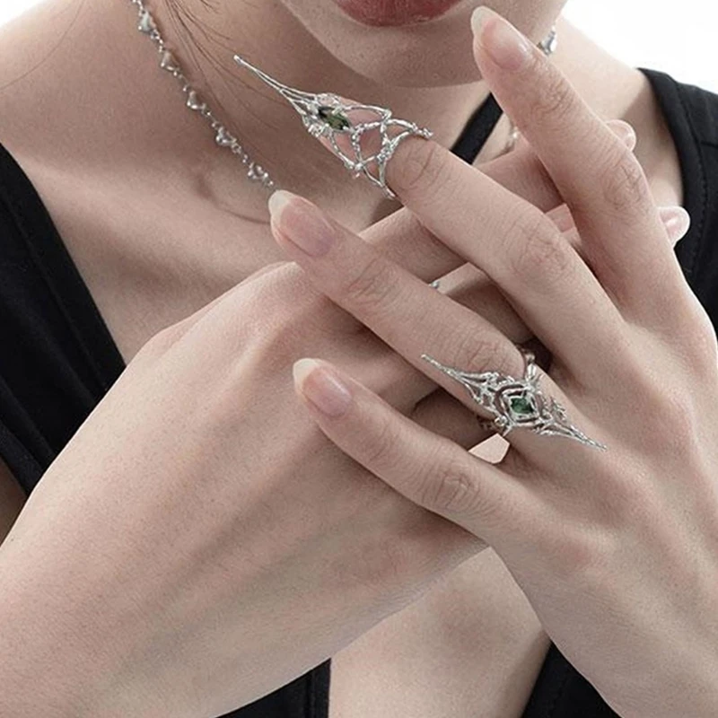 Set Of 2 Gothic Joint Ring Adjustable Bone Tip Art Rings Unisex Rhinestones Finger Rings for Fashion Enthusiasts