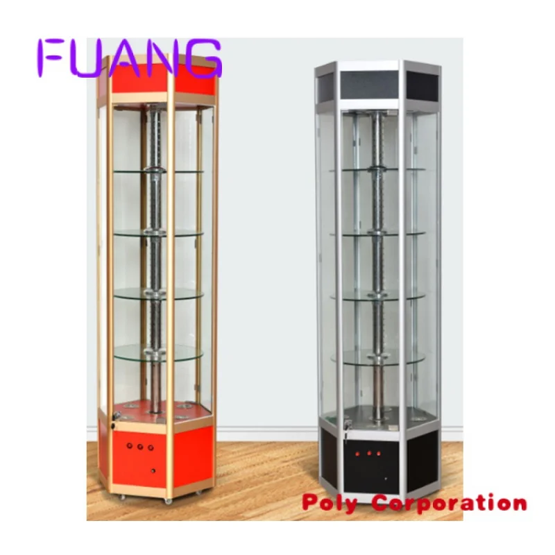 Custom  Hexagonal low speed motor 4 layers glass shelves rotating jewelry glass display case with led lighting