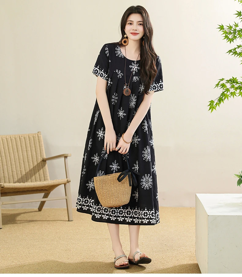 New 2025 Summer Dress For Women Plus Size Dress Casual Short Sleeve Boho Vintage Print Long Maxi Dress Beach Women Clothing