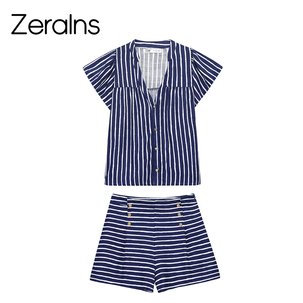 ZERAINS été femmes lin mélange rayé col en v chemise à manches courtes confortable et simple rayé décontracté ensemble short et haut