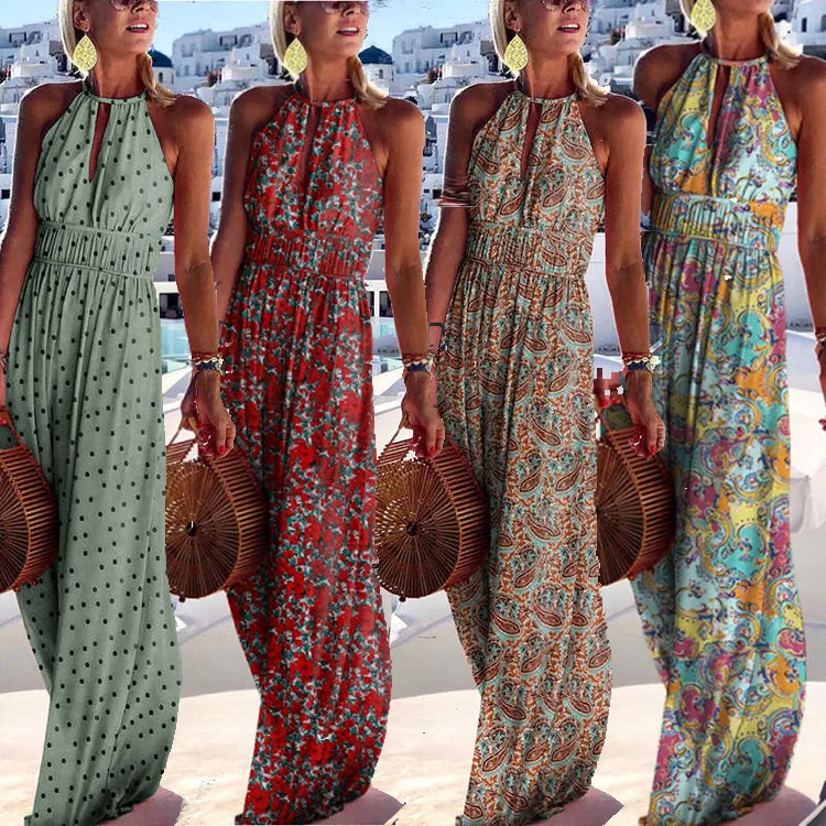 

New summer women's fashion temperament, casual and elegant commuting round neck backless sexy printed jumpsuit long skirt