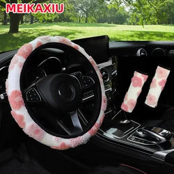 3pcs plush large flower hand warmer Car without inner ring Steering wheel cover Shoulder strap accessory Car interior for women