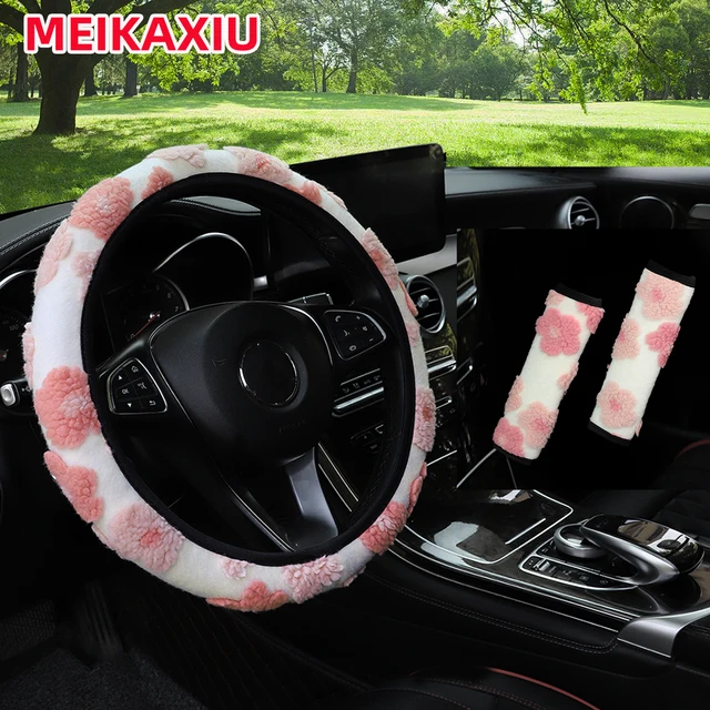 3pcs plush large flower hand warmer Car without inner ring Steering wheel cover Shoulder strap accessory Car interior for women