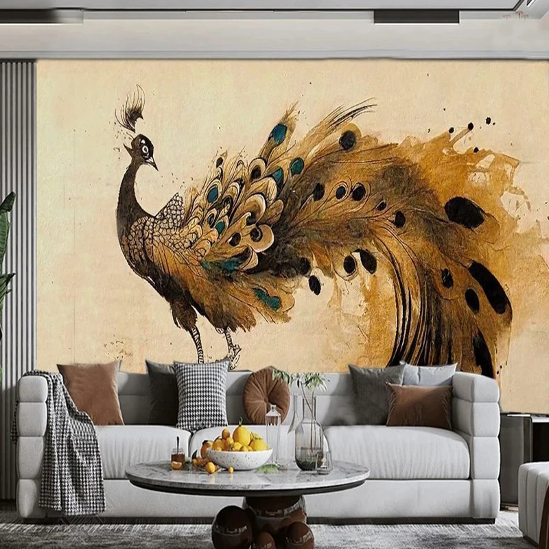 Custom Any Size Mural Wallpaper Chinese Art Ink Peacock Decorative Painting Poster Living Room Bedroom TV Home Decor 3D Fresco