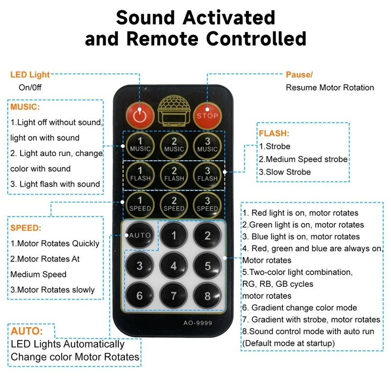 AS94-Lampu Bola Disko Mini Portabel untuk Pesta, Lampu Strobo DJ RGB dengan Remote Control dan Kabel USB, Lampu Panggung Diaktifkan