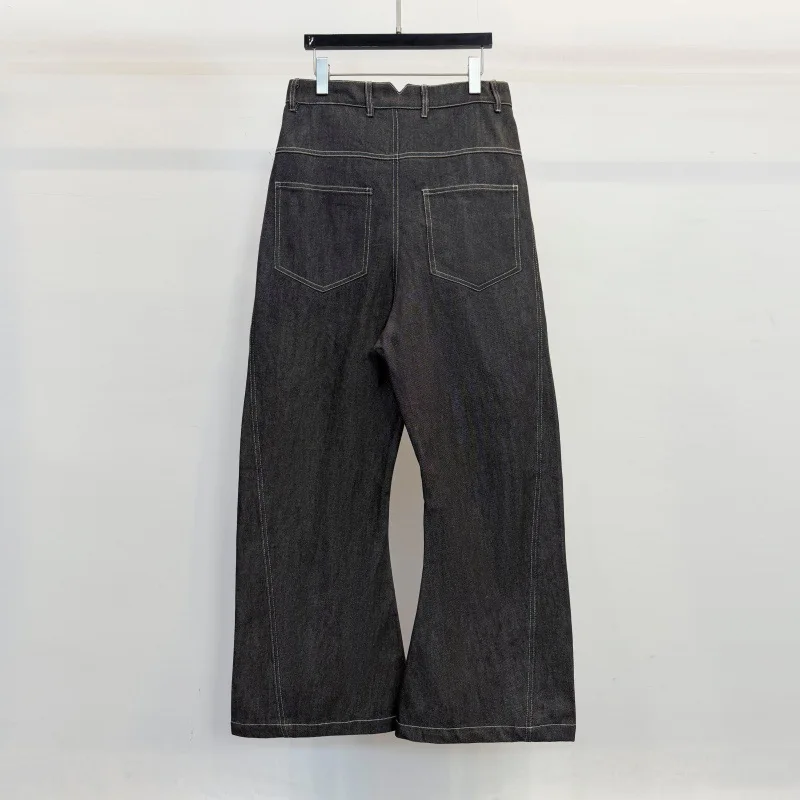 FANDISHI High Waist Straight Leg Jeans Men's Flared Floor-Length Slimming Wide Leg Denim Pants with Oblique Button Design