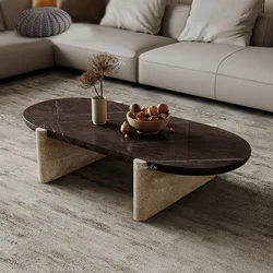 Modern Simple Style Nesting Oval Marble Solid Wood Table Top Travertine Wooden Coffee Table