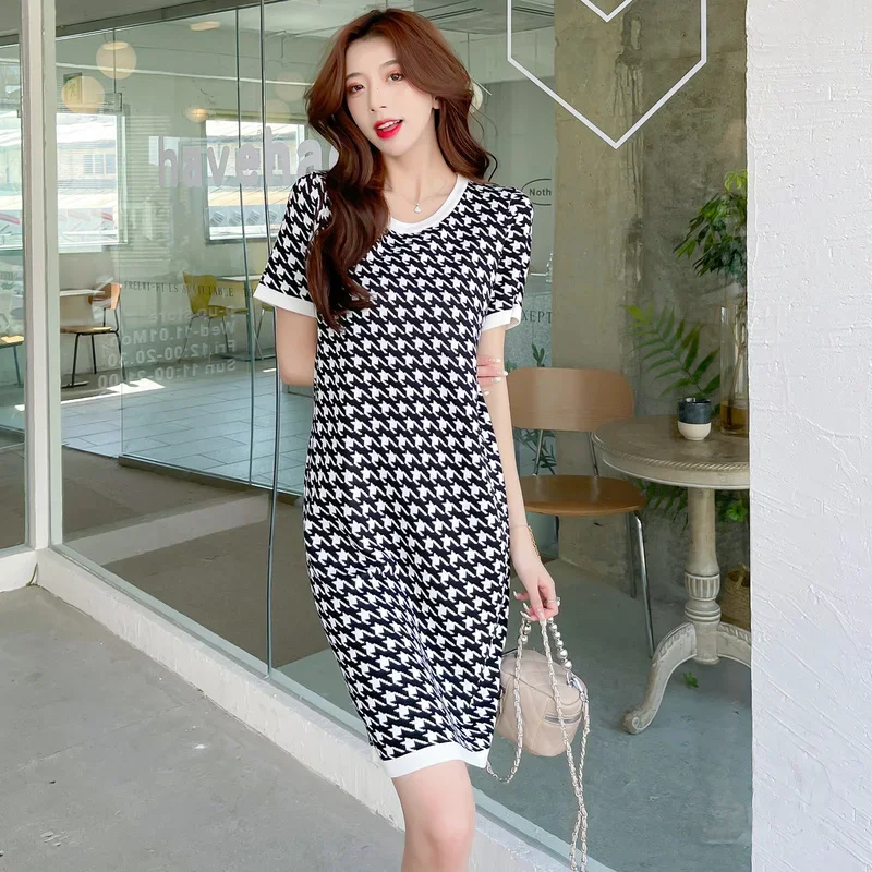 Women Elegant New Summer Slim Knee-length Dress Fashion Short Sleeve Office Lady Ice Silk Knitted Houndstooth Dress Vestdios