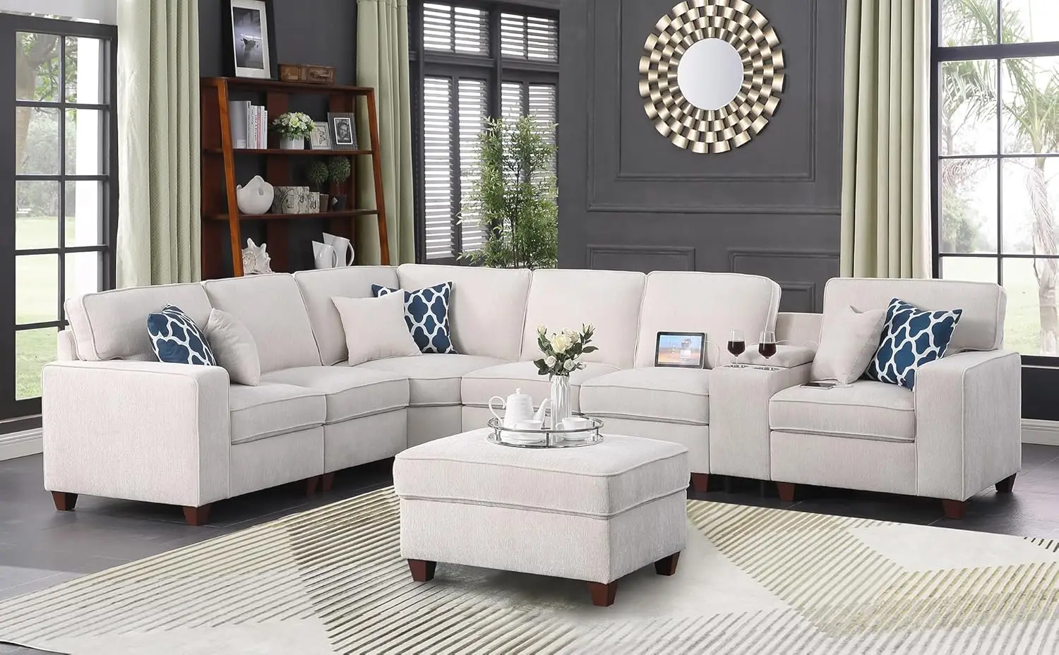 

L-Shaped Sectional Couch, Movable Ottoman, 6 Pillows, 7 Seat Chenille Sofa, 2 Cup Holders, USB, Storage, Beige