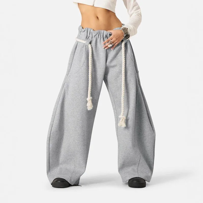 

Korean Women Sports Aesthetics Wide Leg Slacks Solid Color K-pop Loose Casual Drawstring Elastic Waistband Autumn Street Pants