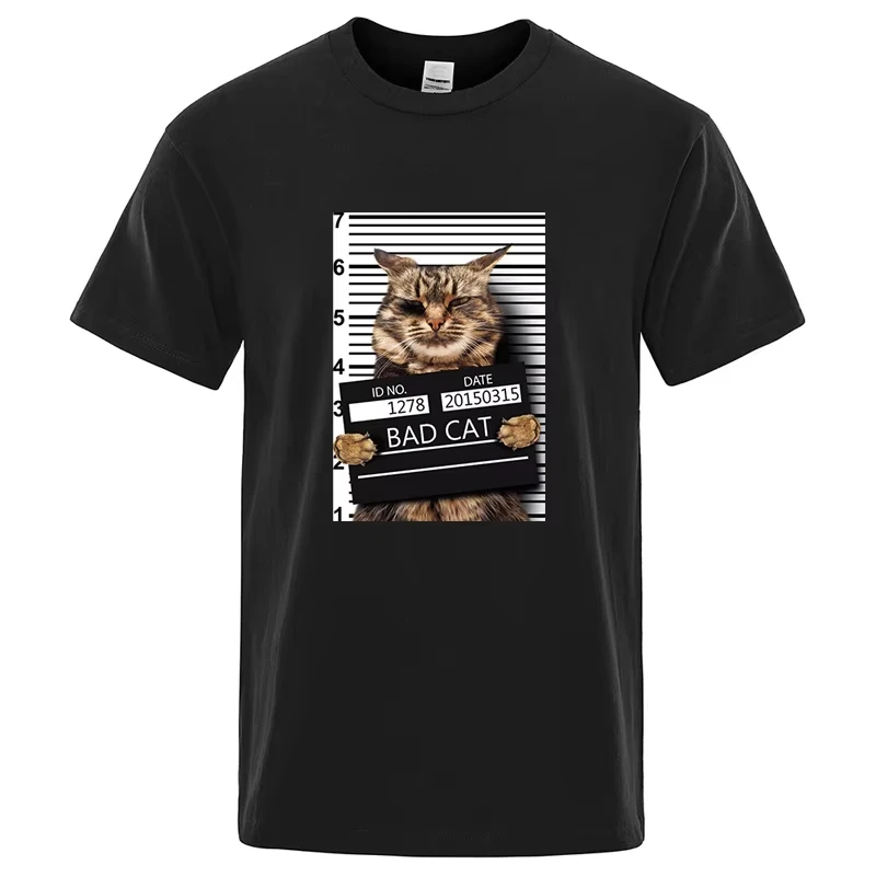 Funny Bad Cat Mugshot Graphic T‑Shirt Humor Animal Print Unisex Casual Short Sleeve Streetwear Fashion Tee For Cat Lovers