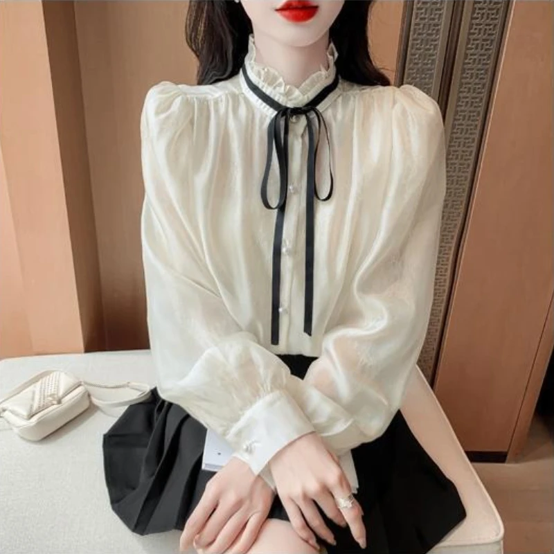 Com arco camisas e blusas para mulheres casual juventude elegante 2025 novidade de alta qualidade simples barato elegante gola peplum mulher topo