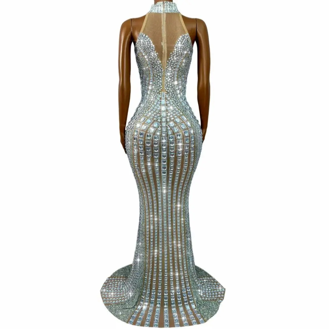 Jinyinsuyi Women Halter High Neck Vertical Square Rhinestone Mermaid Dress Nude Mesh Sheer Bodycon Evening Prom Gown